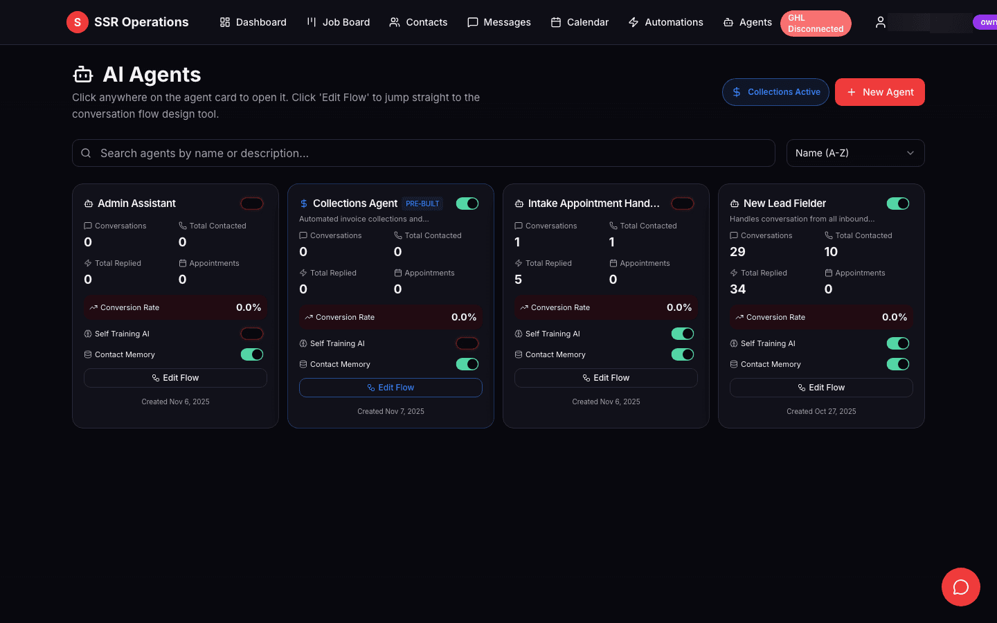 AI agent management console with 4 purpose-built conversational agents (Admin Assistant, Collections, Intake Handler, Lead Fielder), real conversation metrics (29 conversations, 34 replies), self-training toggle, and contact memory - automating customer communication with measurable results.