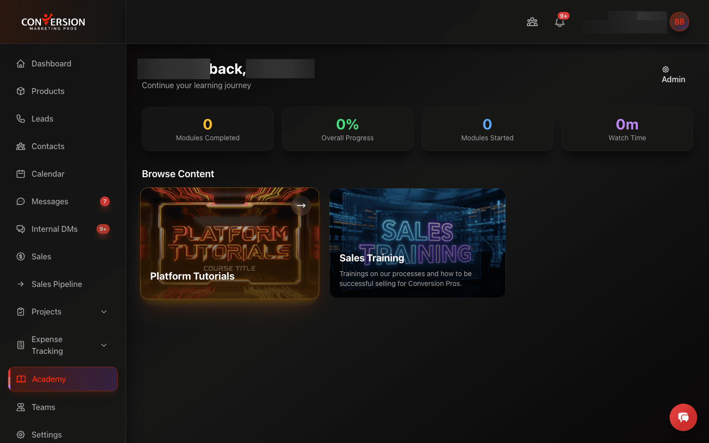 Built-in learning management system with categorized course libraries, progress tracking, and completion certificates - enabling agencies to onboard new team members and train sales reps without third-party LMS tools.