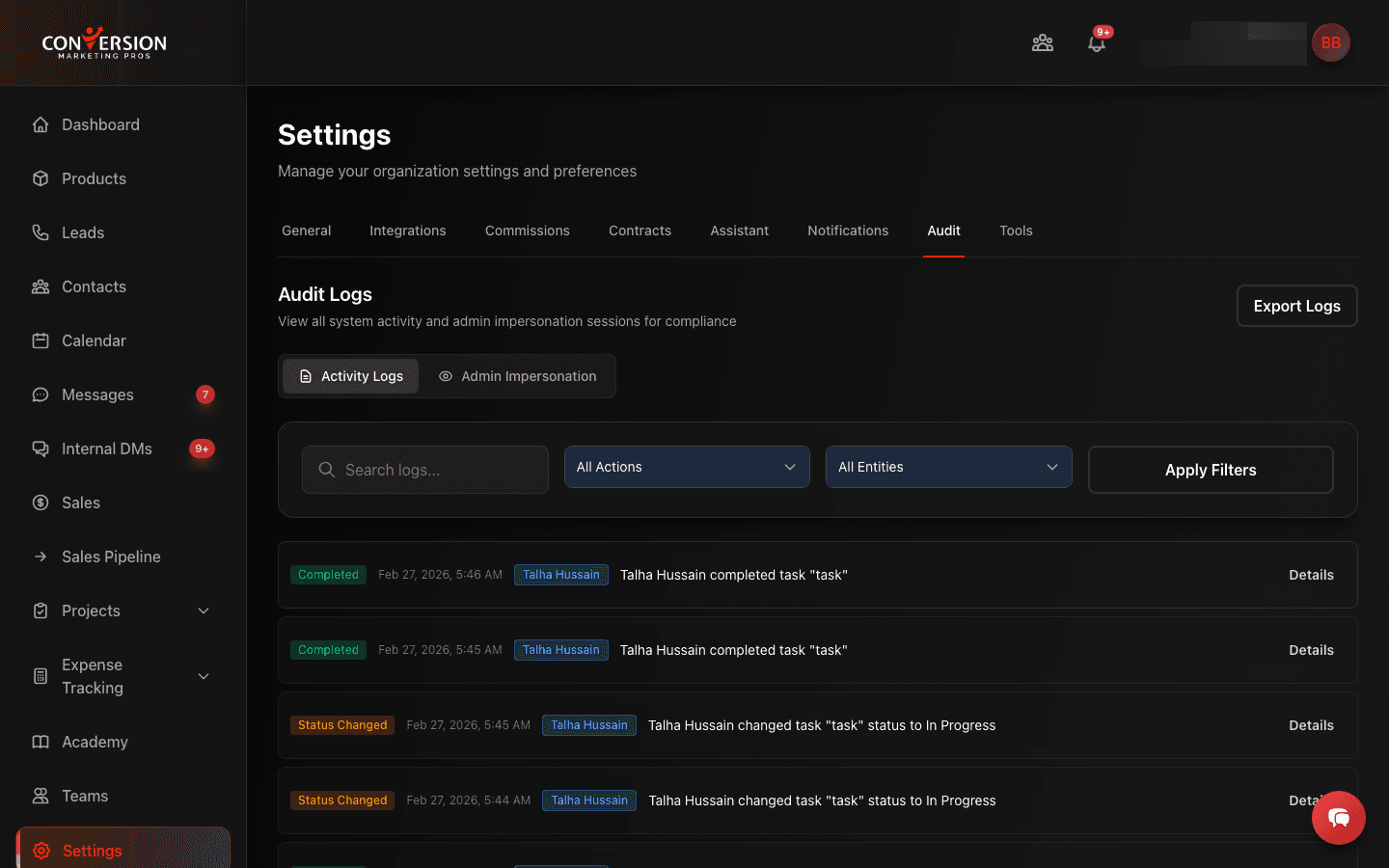 Enterprise audit log with timestamped activity tracking, user action history, admin impersonation records, and searchable event filters - providing full compliance visibility and accountability across every system interaction.