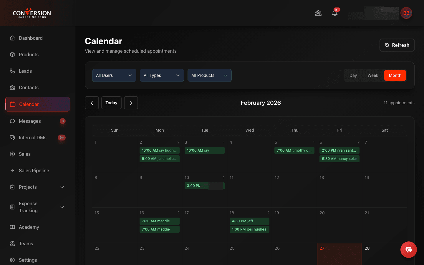 Integrated scheduling hub with day/week/month views, multi-user filtering, appointment type categorization, and GoHighLevel calendar sync - keeping every team member's schedule visible and coordinated without switching tools.