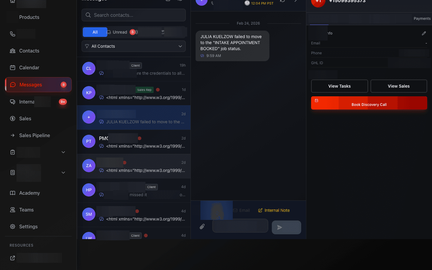 Unified messaging console pulling SMS, email, and chat conversations from GoHighLevel into a single threaded inbox with conversation history, read status, and quick-reply - eliminating the need to jump between platforms to respond to clients.