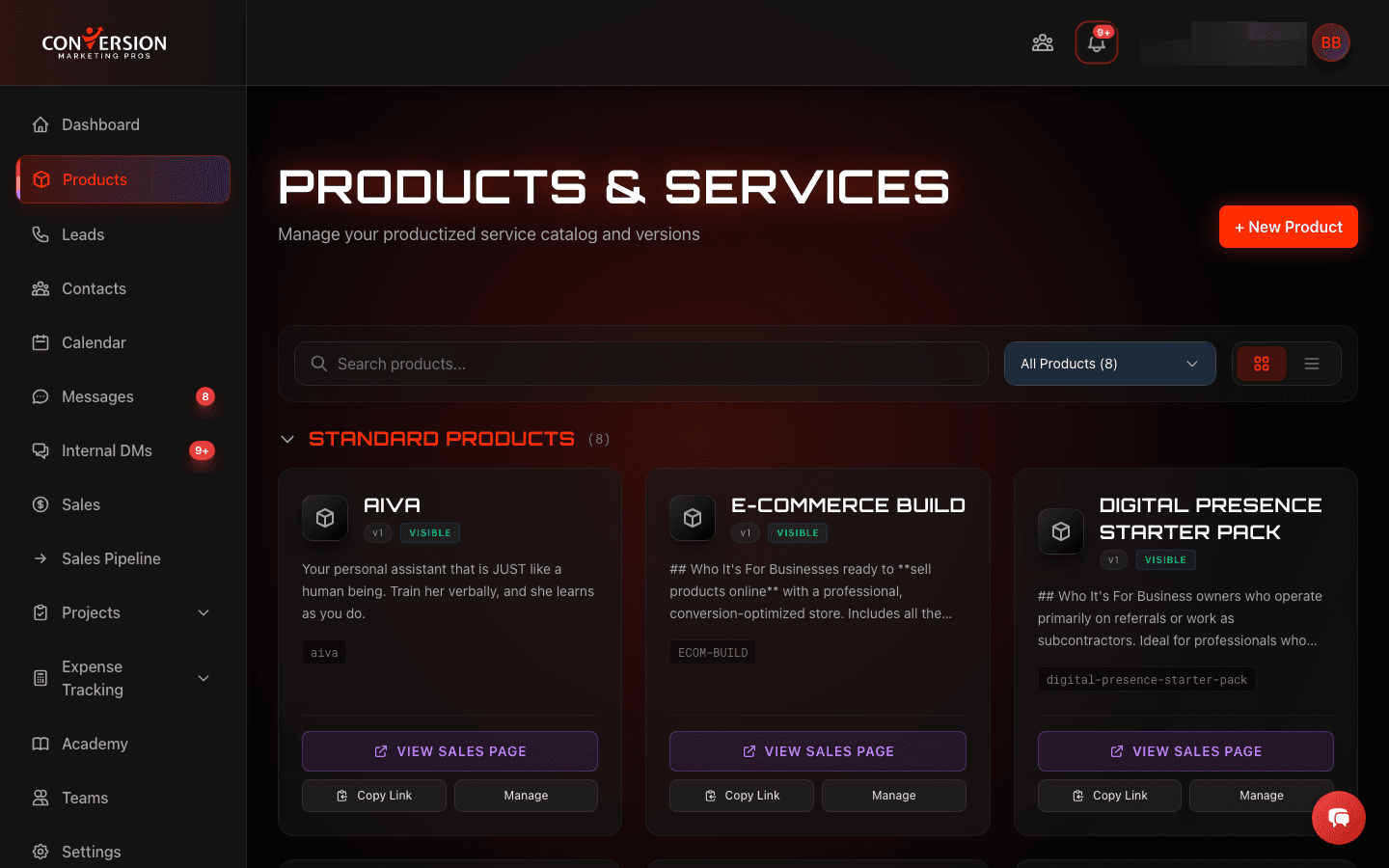 Productized service catalog with version-controlled offerings, customizable pricing tiers, public sales page generation, and slug-based routing - enabling agencies to package and sell services like software products with one-click links.