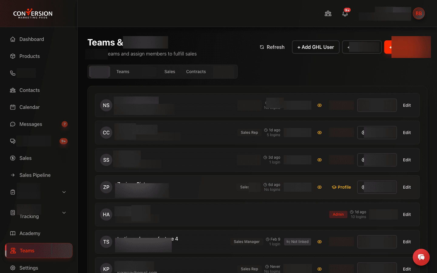 Team management dashboard with role-based access controls, member profiles, contact information, and status indicators - enabling agency owners to manage their entire workforce from a centralized admin panel.