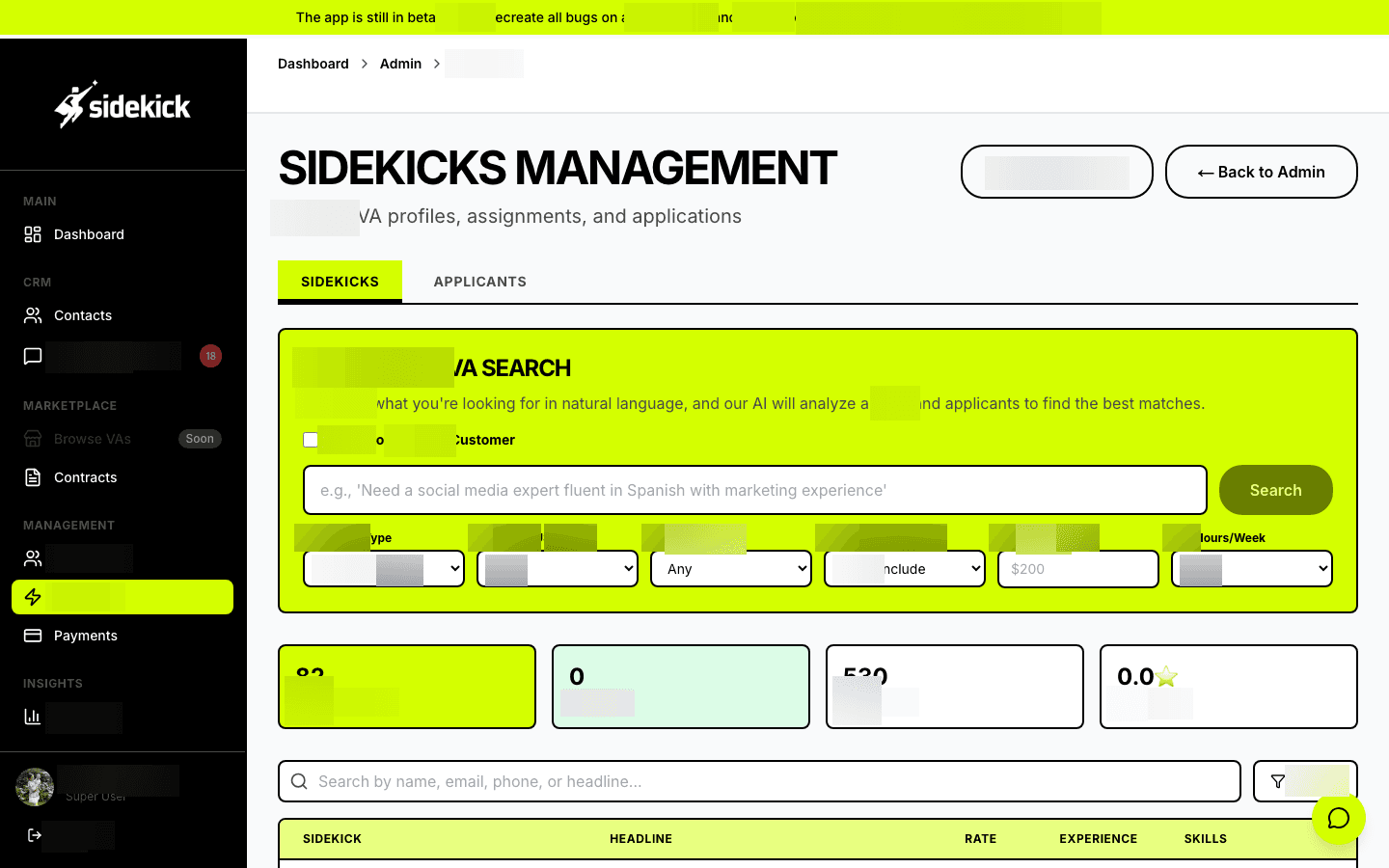 Virtual assistant workforce management with skill profiles, availability status, hourly rates, and assignment history - enabling operations teams to track and deploy 82+ VAs across client engagements.