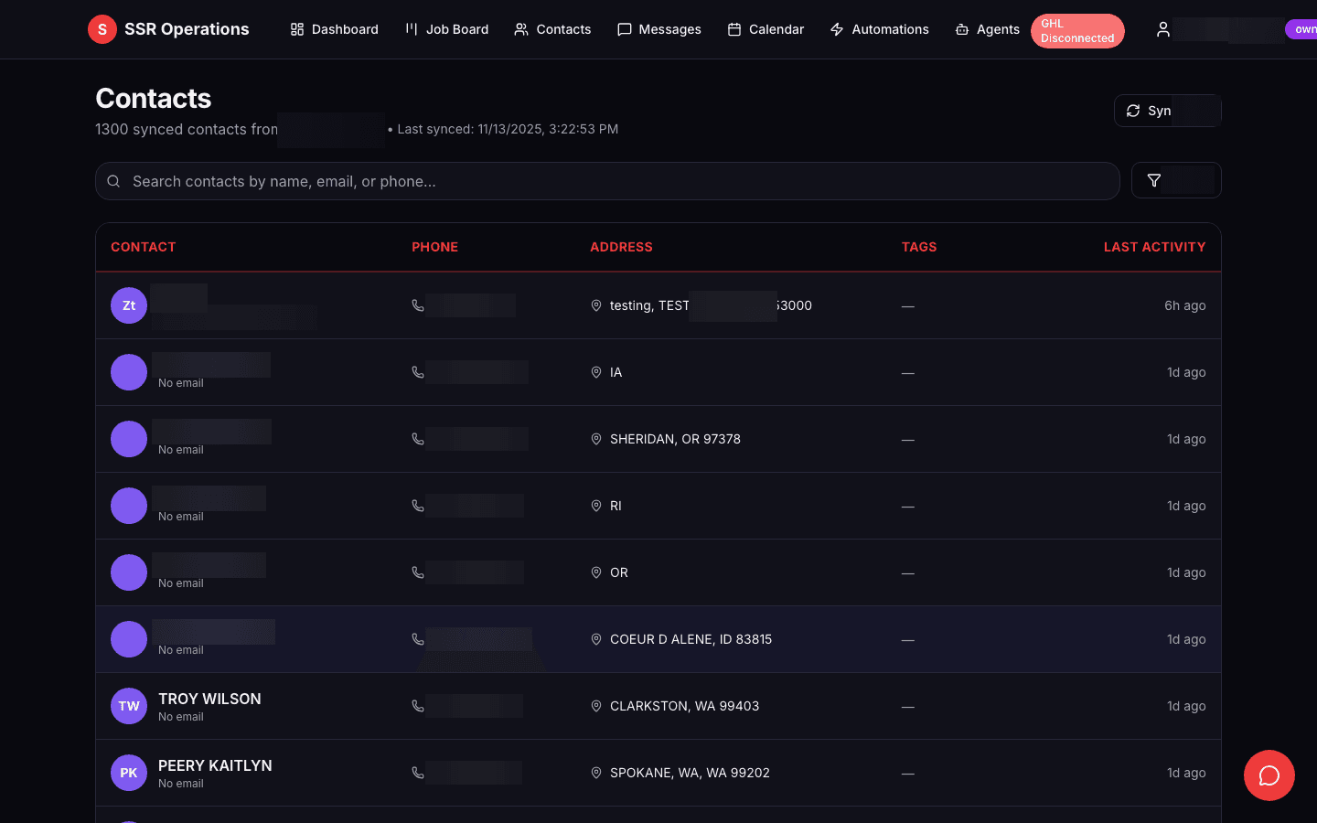 Customer contact database with phone, email, and visit history synced from GoHighLevel, featuring inline status tags, creation dates, and one-click communication actions - keeping every customer relationship organized and accessible.