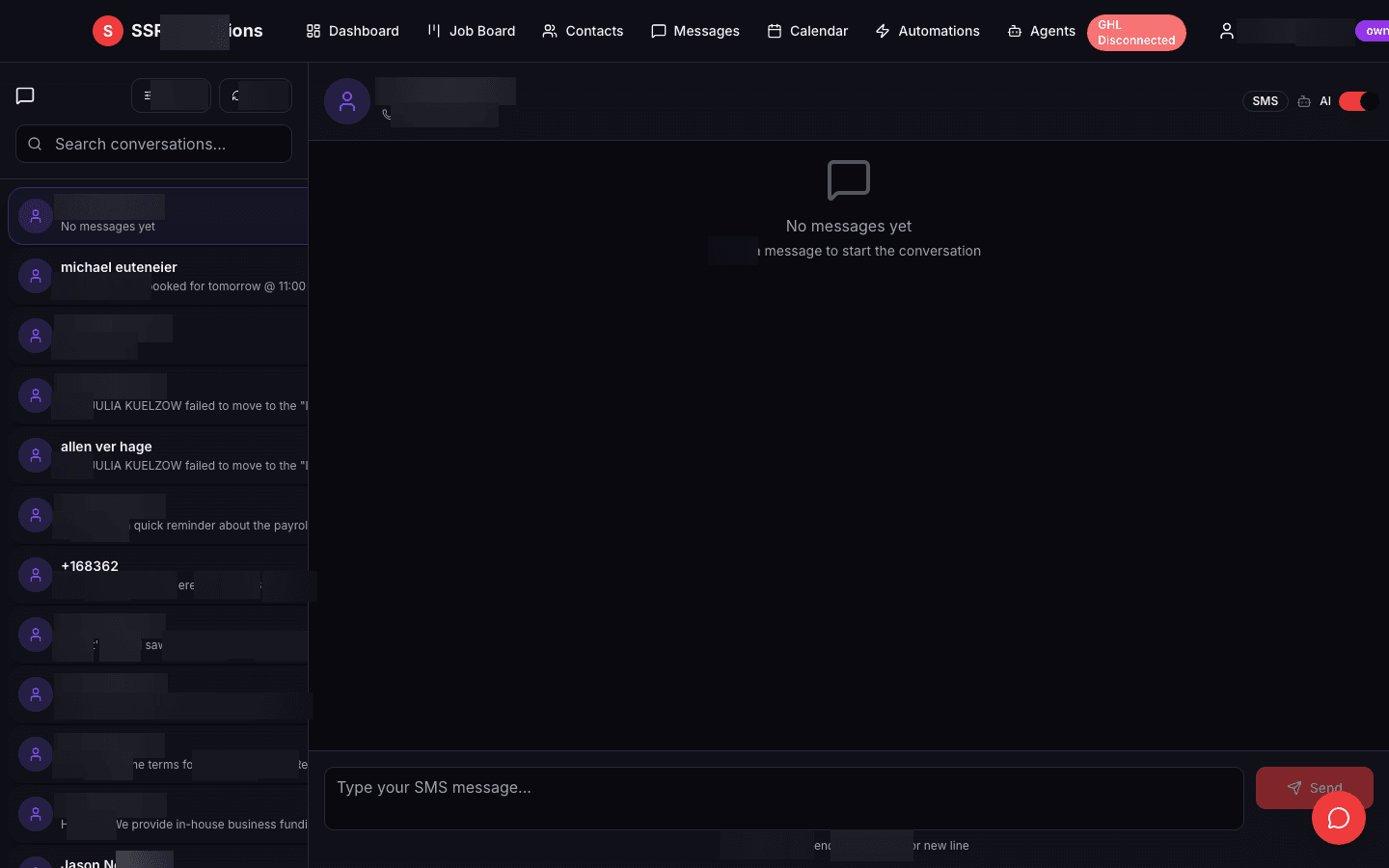 Unified customer messaging inbox consolidating SMS and chat conversations with threaded history, timestamp tracking, and quick-reply capabilities - enabling rapid response to customer inquiries without leaving the platform.
